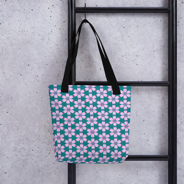 Pink Green Tropical Floral Print Tote Bag