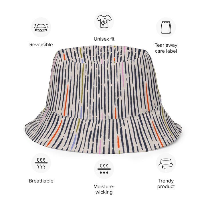 Unisex Striped Reversible Bucket Hat UV Sun Protection UPF 50+ Mens Womens Black Multicolor Printed Pattern Hat for Beach Pool Party Everday