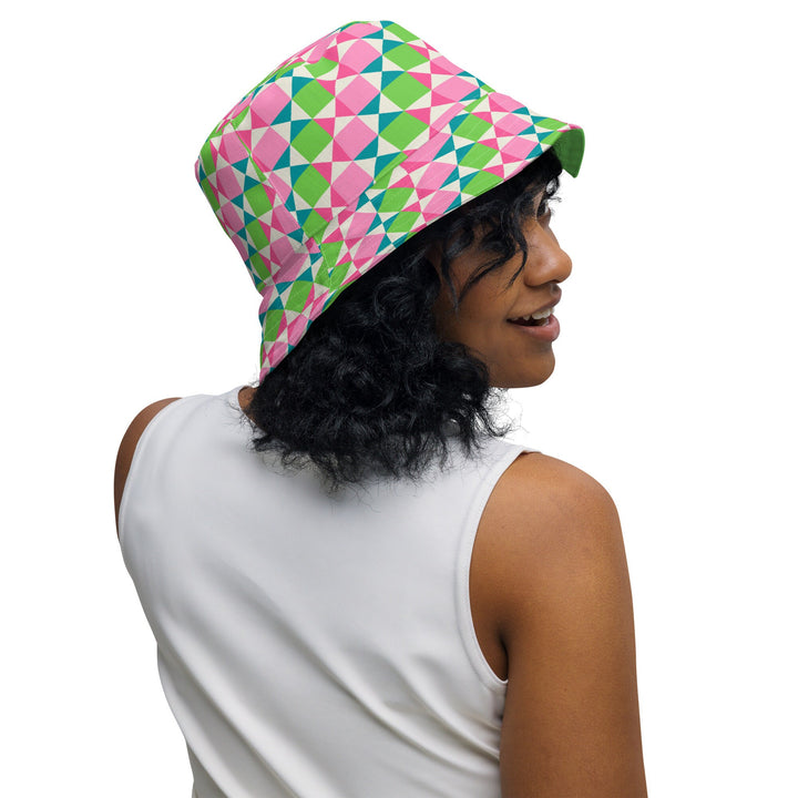 Unisex Retro Style Reversible Bucket Hat UV Sun Protection UPF 50+ Mens Womens Pink & Green Printed Pattern Hat for Beach Pool Party Everday