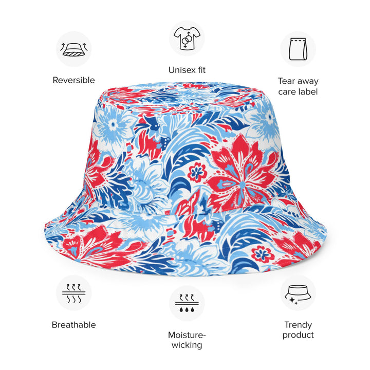 Unisex Floral Print Reversible Bucket Hat UV Sun Protection Mens Womens Red White & Blue Printed Pattern Hat for Beach Pool Party Everday