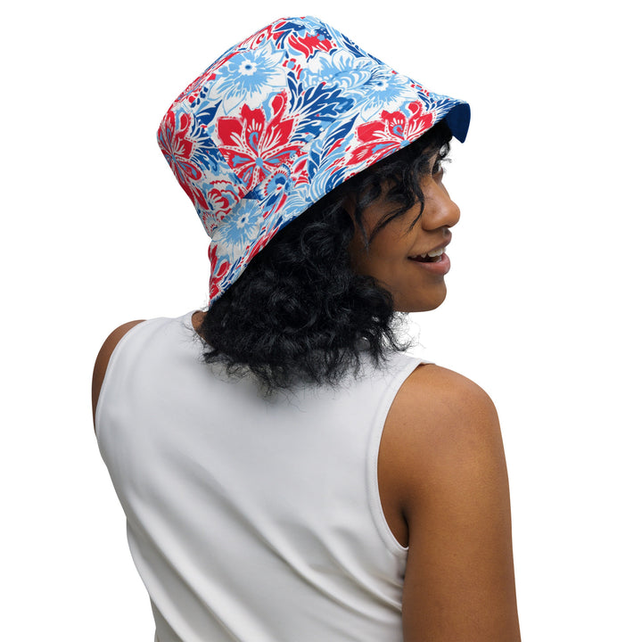 Unisex Floral Print Reversible Bucket Hat UV Sun Protection Mens Womens Red White & Blue Printed Pattern Hat for Beach Pool Party Everday