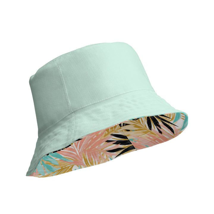 Unisex Tropical Floral Print Reversible Bucket Hat Sun Protection Mens Womens Teal & Peach Printed Pattern Hat for Beach Pool Party Everday