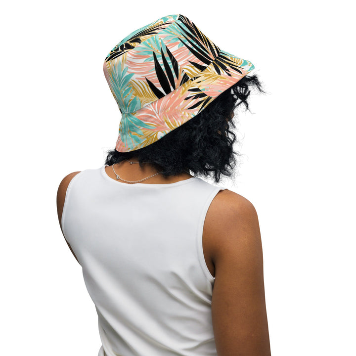 Unisex Tropical Floral Print Reversible Bucket Hat Sun Protection Mens Womens Teal & Peach Printed Pattern Hat for Beach Pool Party Everday