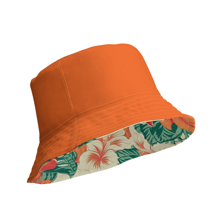 Unisex Tropical Floral Print Reversible Bucket Hat Sun Protection Mens Womens Orange Hawaiian Printed Pattern Hat for Beach Pool Party