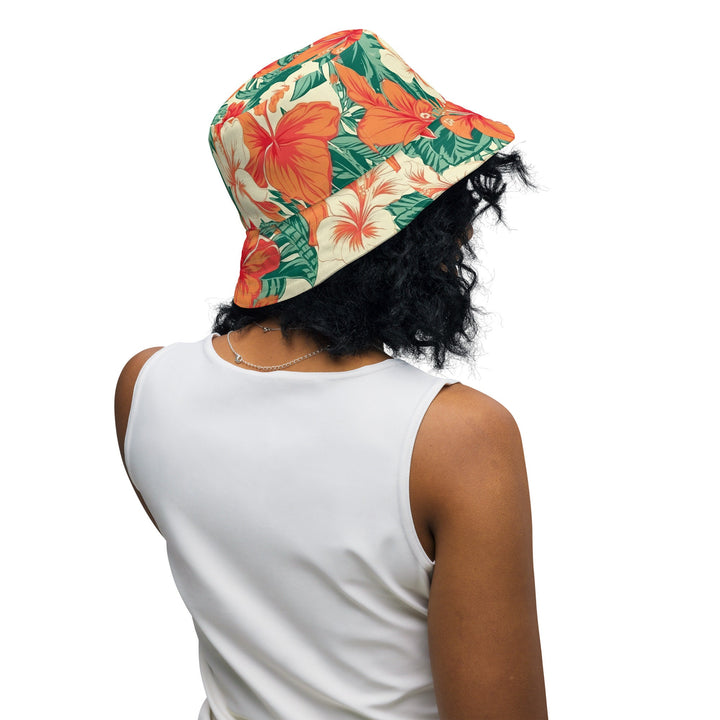 Unisex Tropical Floral Print Reversible Bucket Hat Sun Protection Mens Womens Orange Hawaiian Printed Pattern Hat for Beach Pool Party