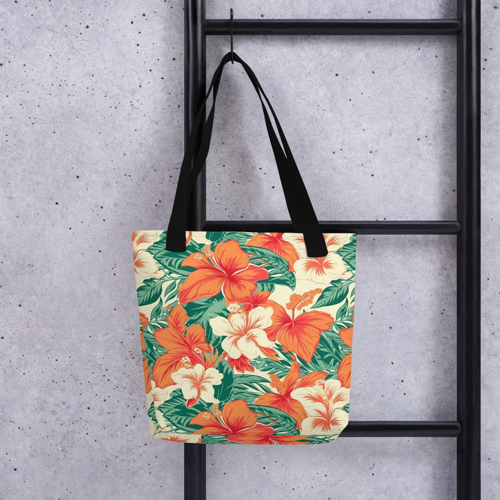 15x15 Tropical Floral Print Tote Bag with Handles Durable Fabric Hibiscus Hawaiian High Quality Tote for Work Beach Pool Vacation Trip