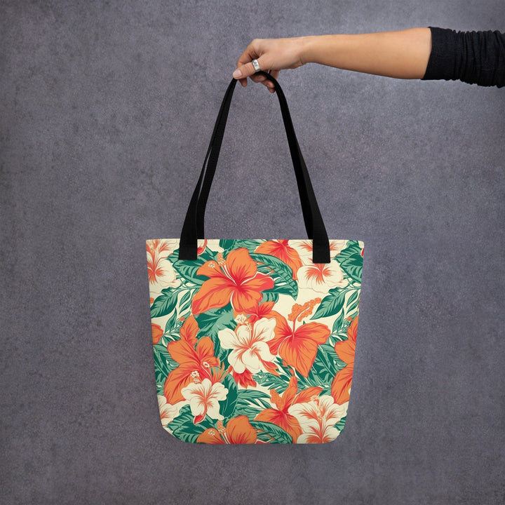 15x15 Tropical Floral Print Tote Bag with Handles Durable Fabric Hibiscus Hawaiian High Quality Tote for Work Beach Pool Vacation Trip