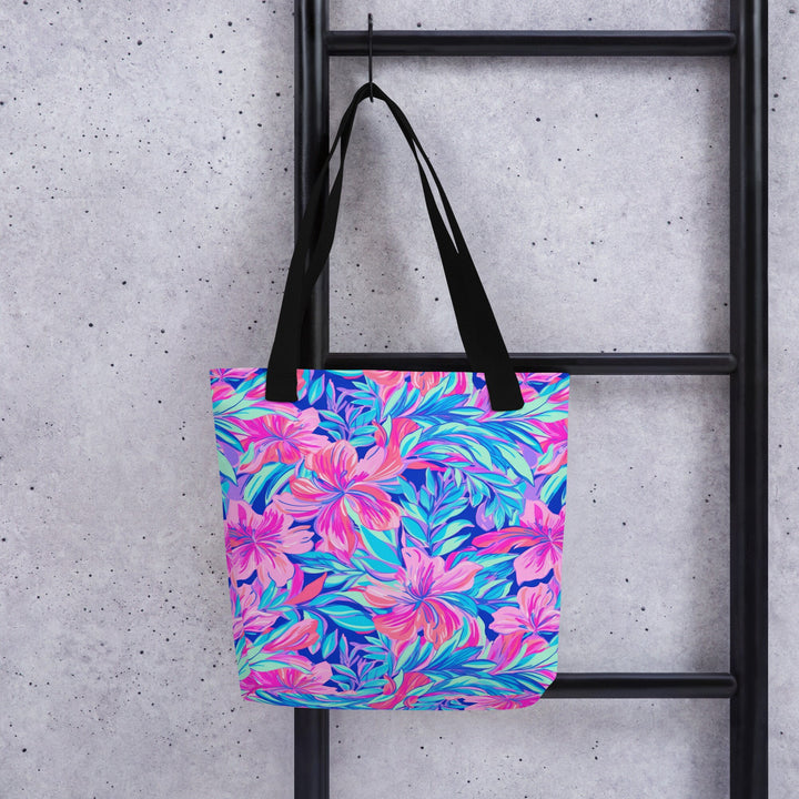 15x15 Tropical Floral Print Tote Bag with Handles Durable Fabric Pink & Blue High Quality Tote for Work Beach Pool Vacation Trip Everday