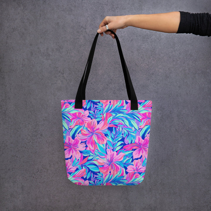 15x15 Tropical Floral Print Tote Bag with Handles Durable Fabric Pink & Blue High Quality Tote for Work Beach Pool Vacation Trip Everday