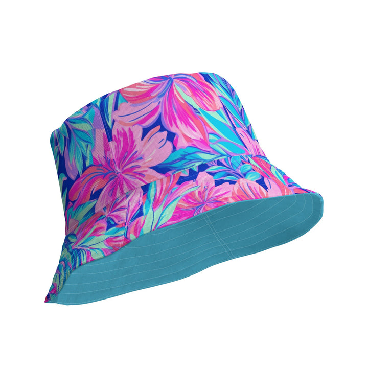 Unisex Tropical Floral Print Reversible Bucket Hat Sun Protection Mens Womens Pink & Blue Printed Pattern Hat for Beach Pool Party Everday