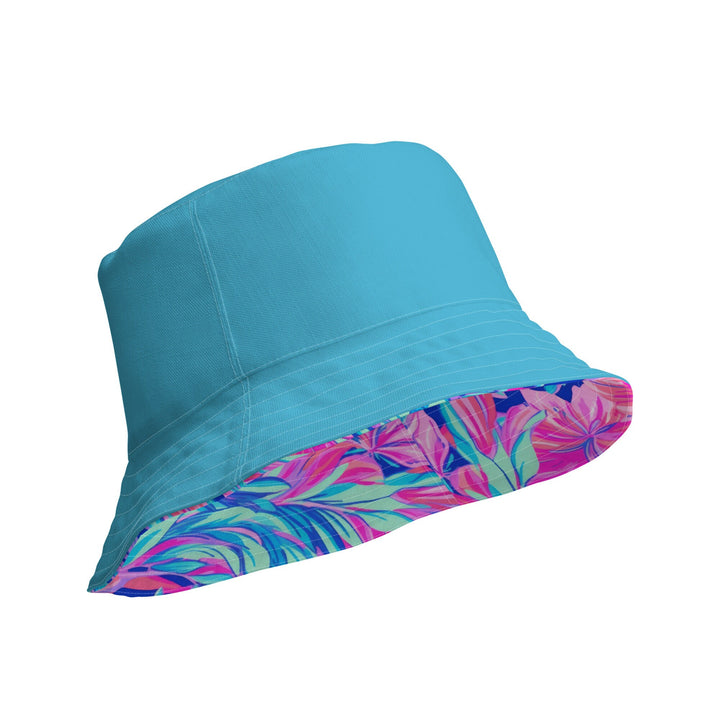 Unisex Tropical Floral Print Reversible Bucket Hat Sun Protection Mens Womens Pink & Blue Printed Pattern Hat for Beach Pool Party Everday