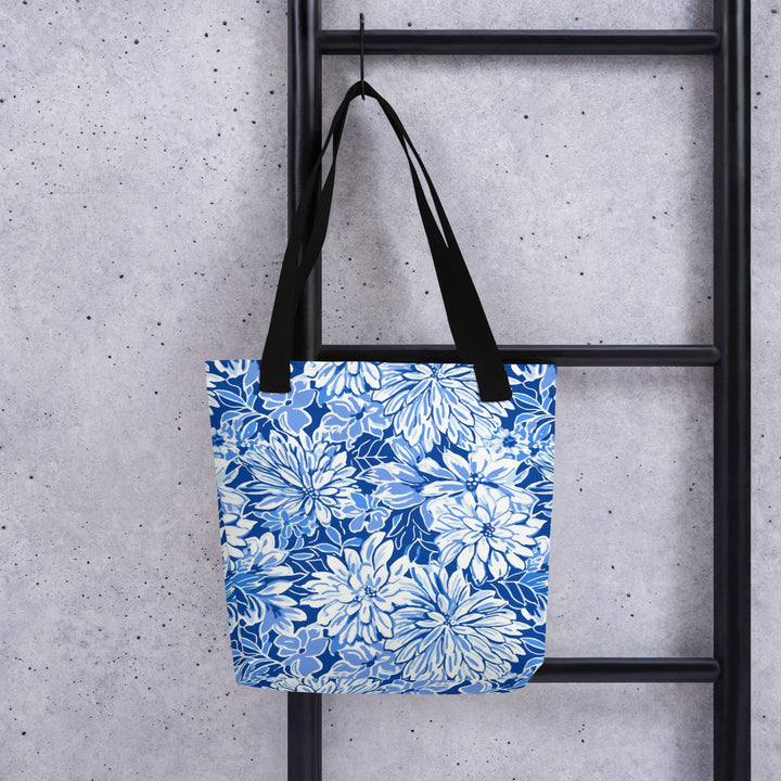 15x15 Tropical Floral Print Tote Bag with Handles Durable Fabric Blue & White High Quality Tote for Work Beach Pool Vacation Trip Everday