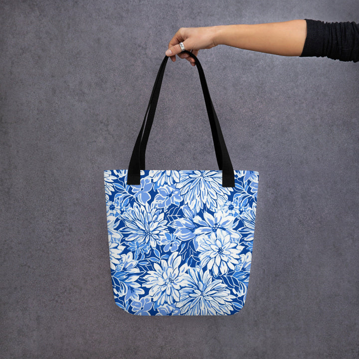 15x15 Tropical Floral Print Tote Bag with Handles Durable Fabric Blue & White High Quality Tote for Work Beach Pool Vacation Trip Everday