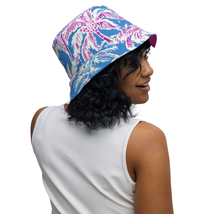 Unisex Tropical Palm Trees Reversible Bucket Hat UV Sun Protection Mens Womens Pink & Blue Printed Pattern Hat for Beach Pool Party Everday