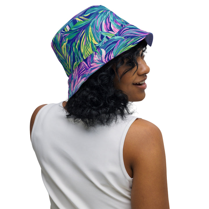 Unisex Tropical Floral Print Reversible Bucket Hat Sun Protection Mens Womens Blue Purple Printed Pattern Hat for Beach Pool Party Everday