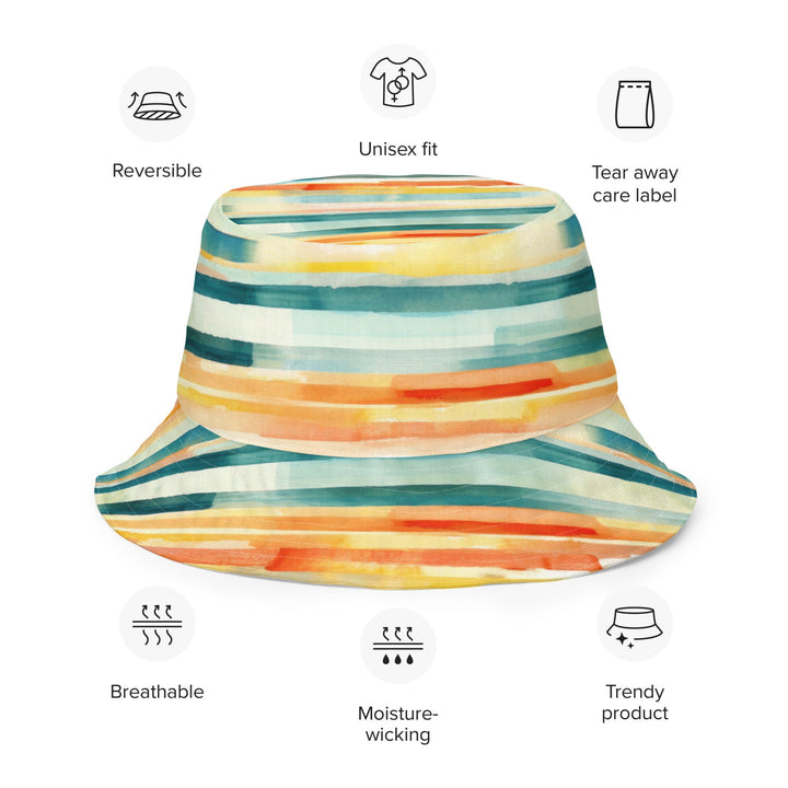 Unisex Abstract Print Reversible Bucket Hat Sun Protection Mens Womens Yellow Stripes Printed Pattern Hat for Beach Pool Party Everday