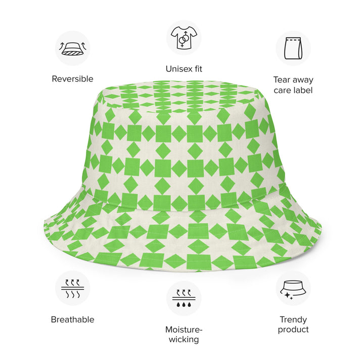 Unisex Retro Pattern Reversible Bucket Hat UV Sun Protection Mens Womens Green Checkered Printed Pattern Hat for Beach Pool Party Everday