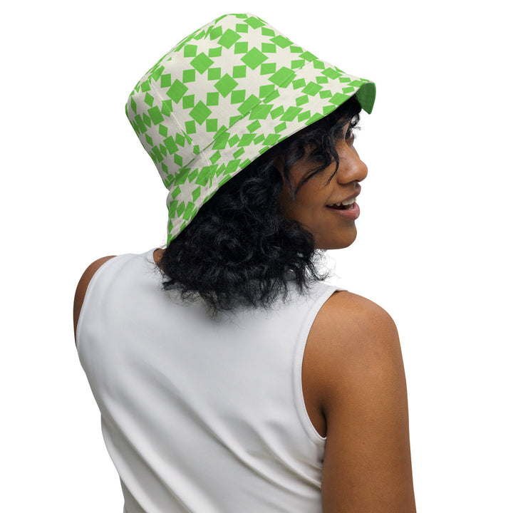 Unisex Retro Pattern Reversible Bucket Hat UV Sun Protection Mens Womens Green Checkered Printed Pattern Hat for Beach Pool Party Everday