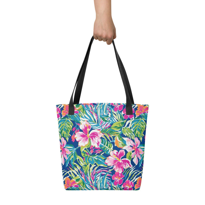 15x15 Tropical Floral Print Tote Bag with Handles Durable Fabric Rose Pink Blue High Quality Tote for Work Beach Pool Vacation Trip Everday