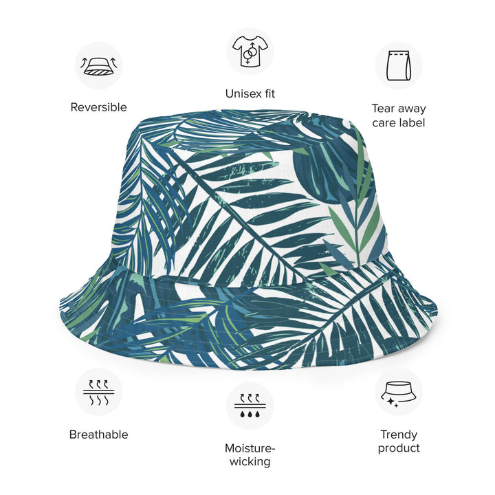 Unisex Tropical Floral Print Reversible Bucket Hat UV Sun Protection Mens Womens Dark Teal Printed Pattern Hat for Beach Pool Party Everday