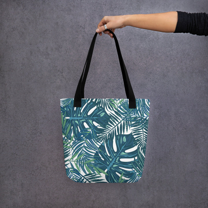 15x15 Tropical Floral Print Tote Bag with Handles Durable Fabric Dark Teal High Quality Tote for Work Beach Pool Vacation Trip Everday