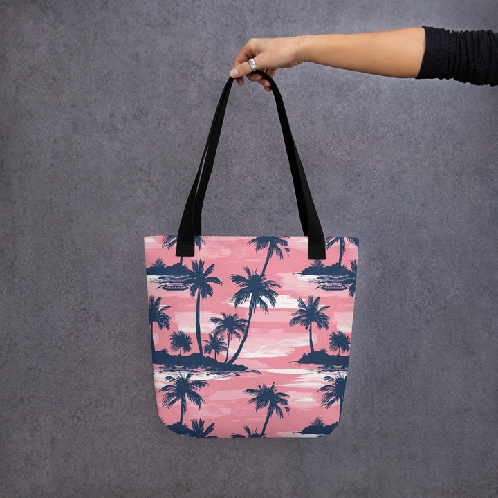 15X15 TOTE BAG - Tropical Tote with Handles Durable Fabric Pink Palm Trees High Quality for Work Beach Pool Vacation Trip