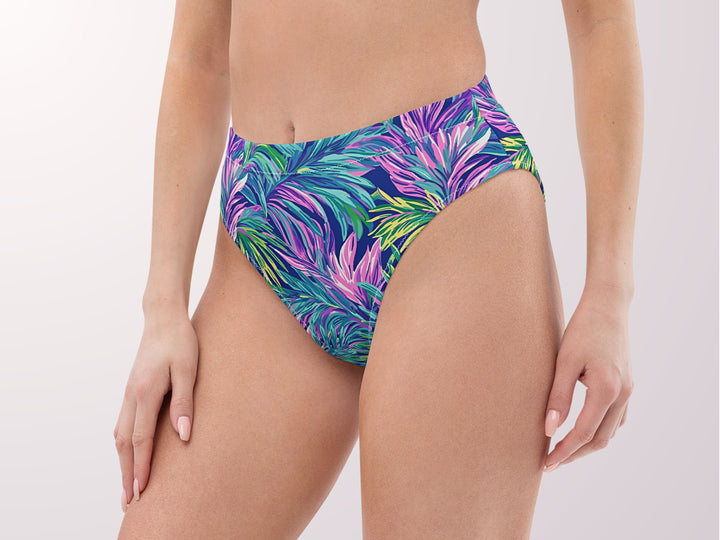 Tropical Palm Leaves High Waisted Bikini Bottoms Blue Purple Womens Swimwear Separates Sun Protection Sexy Swim Wear for Vacation Beach Pool