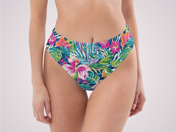 Tropical Floral Print High Waisted Bikini Bottoms Rose Pink Womens Swimwear Separates Sun Protection Sexy Swim Wear for Vacation Beach Pool