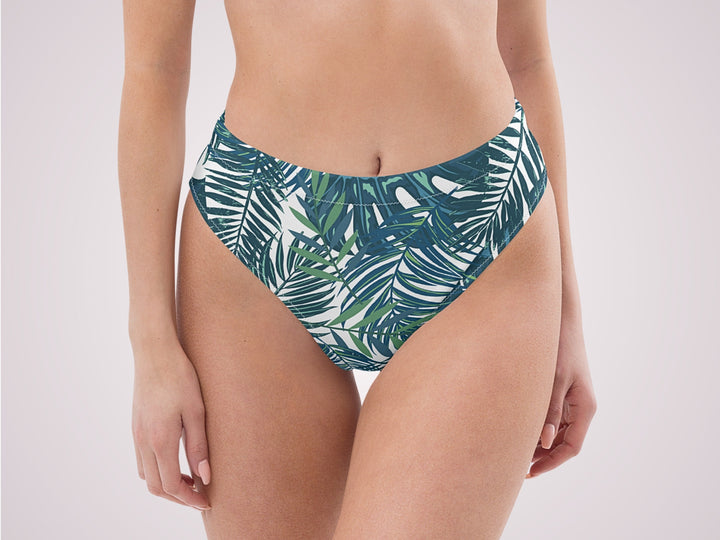 BIKINI BOTTOM - Green Tropical Leaves High Waist Bottom Medium Coverage Womens Swimwear with Sun Protection For Beach Vacation Pool Party