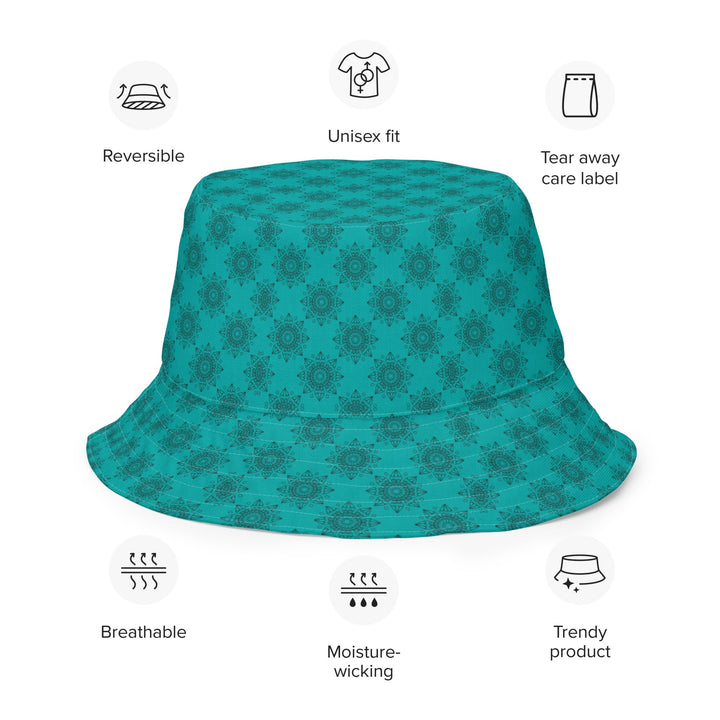 Unisex Boho Pattern Reversible Bucket Hat UV Sun Protection UPF 50+ Mens Womens Teal Green Printed Pattern Hat for Beach Pool Party Everday