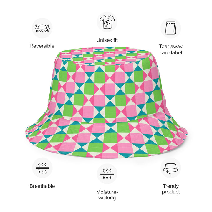 Unisex Retro Style Reversible Bucket Hat UV Sun Protection UPF 50+ Mens Womens Pink & Green Printed Pattern Hat for Beach Pool Party Everday