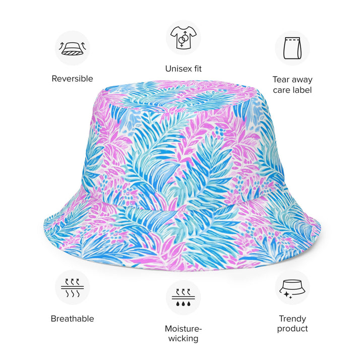 Unisex Tropical Floral Print Reversible Bucket Hat Sun Protection Mens Womens Pink & Blue Printed Pattern Hat for Beach Pool Party Everday