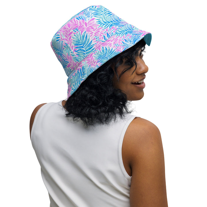 Unisex Tropical Floral Print Reversible Bucket Hat Sun Protection Mens Womens Pink & Blue Printed Pattern Hat for Beach Pool Party Everday