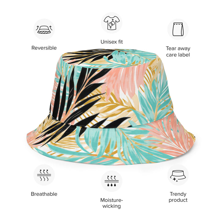 Unisex Tropical Floral Print Reversible Bucket Hat Sun Protection Mens Womens Teal & Peach Printed Pattern Hat for Beach Pool Party Everday