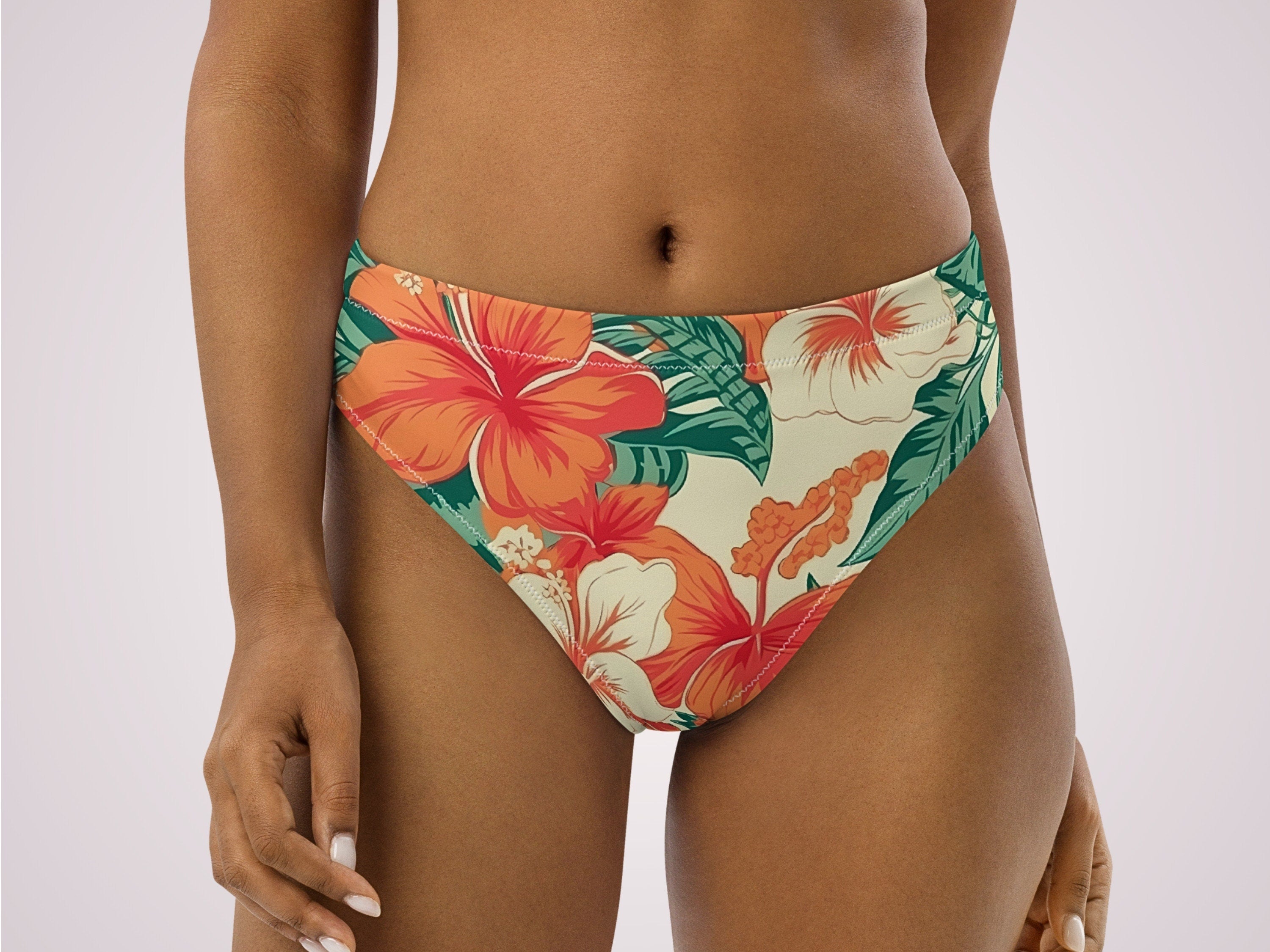 Tropical Floral Print High Waisted Bikini Bottoms Orange Hibiscus Hawaiian Womens Swimwear Separates Sexy Swim Wear for Vacation Beach Pool