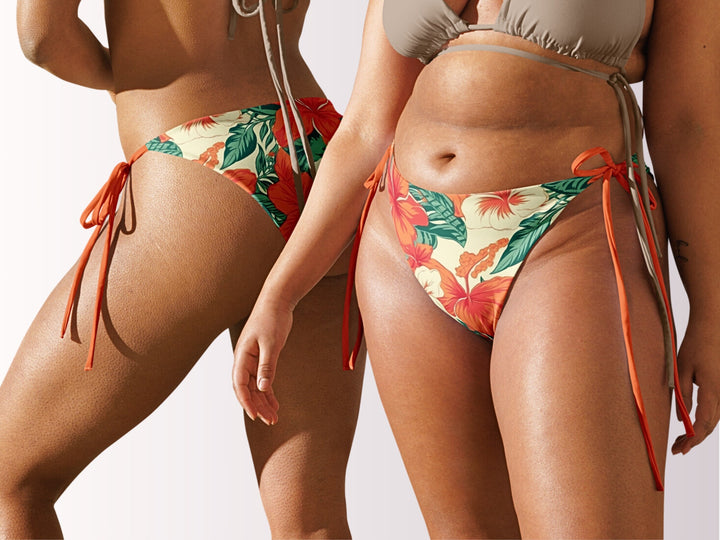 Tropical Floral Side Tie String Bikini Bottom Orange Hibiscus Hawaiian Womens Swimwear Separates Sun Protection Swim Vacation Beach Pool