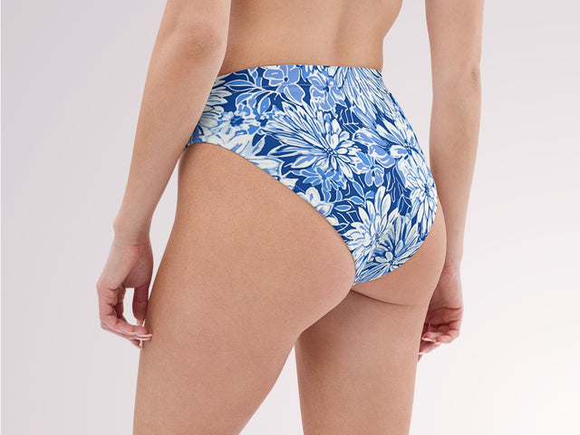 Tropical Floral Print High Waisted Bikini Bottoms Blue White Womens Swimwear Separates Sun Protection Sexy Swim Wear for Vacation Beach Pool