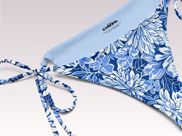 Tropical Floral Print Side Tie String Bikini Bottom Blue White Womens Swimwear Separates Sun Protection Sexy Swim Wear Vacation Beach Pool
