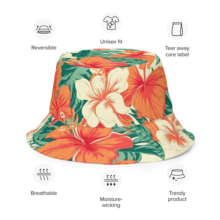 Unisex Tropical Floral Print Reversible Bucket Hat Sun Protection Mens Womens Orange Hawaiian Printed Pattern Hat for Beach Pool Party