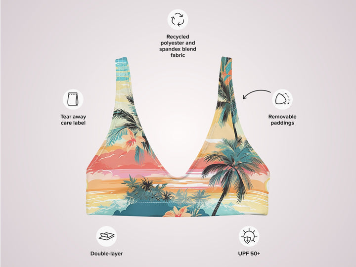 BRALETTE BIKINI TOP - Tropical Palm Trees Padded Bikini Top Womens Swimwear with Sun Protection For Beach Vacation Pool Party