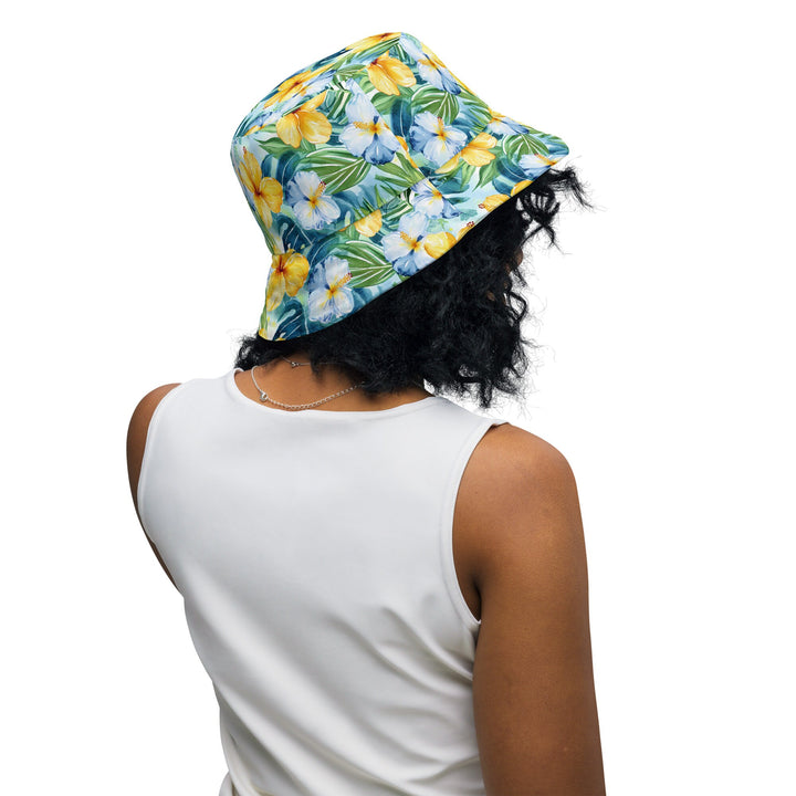 REVERSIBLE BUCKET HAT - Unisex Tropical Hat with Sun Protection Mens Womens Hawaiian Hibiscus Print Printed Pattern Hat for Beach Pool Party