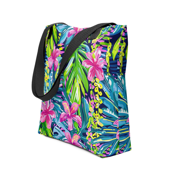 15X15 TOTE BAG - Tropical Floral Tote with Handles Durable Fabric Blue Pink Hibiscus Flower High Quality for Work Beach Pool Vacation Trip