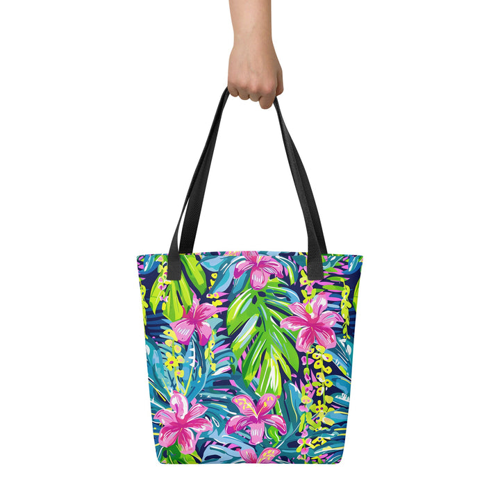 15X15 TOTE BAG - Tropical Floral Tote with Handles Durable Fabric Blue Pink Hibiscus Flower High Quality for Work Beach Pool Vacation Trip