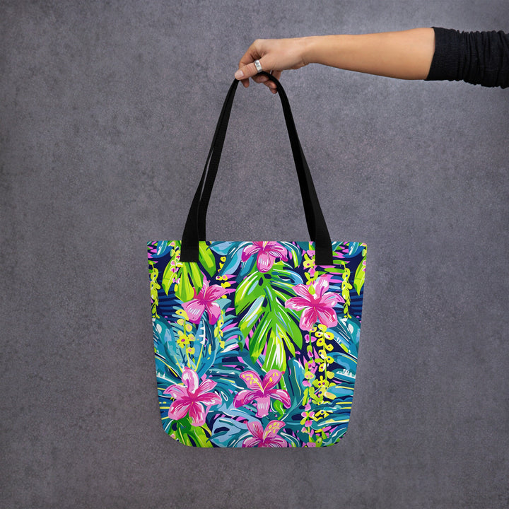 15X15 TOTE BAG - Tropical Floral Tote with Handles Durable Fabric Blue Pink Hibiscus Flower High Quality for Work Beach Pool Vacation Trip