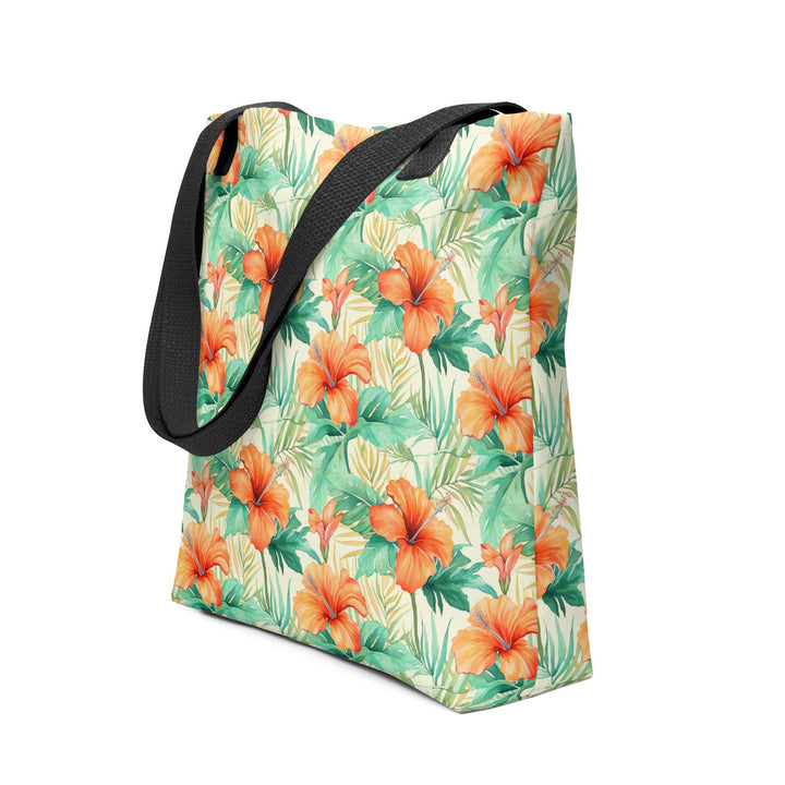 15X15 TOTE BAG - Tropical Floral Tote with Handles Durable Fabric Orange Hibiscus Flowers High Quality for Work Beach Pool Vacation Trip