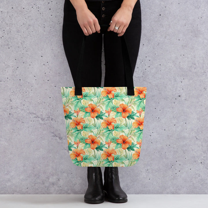 15X15 TOTE BAG - Tropical Floral Tote with Handles Durable Fabric Orange Hibiscus Flowers High Quality for Work Beach Pool Vacation Trip