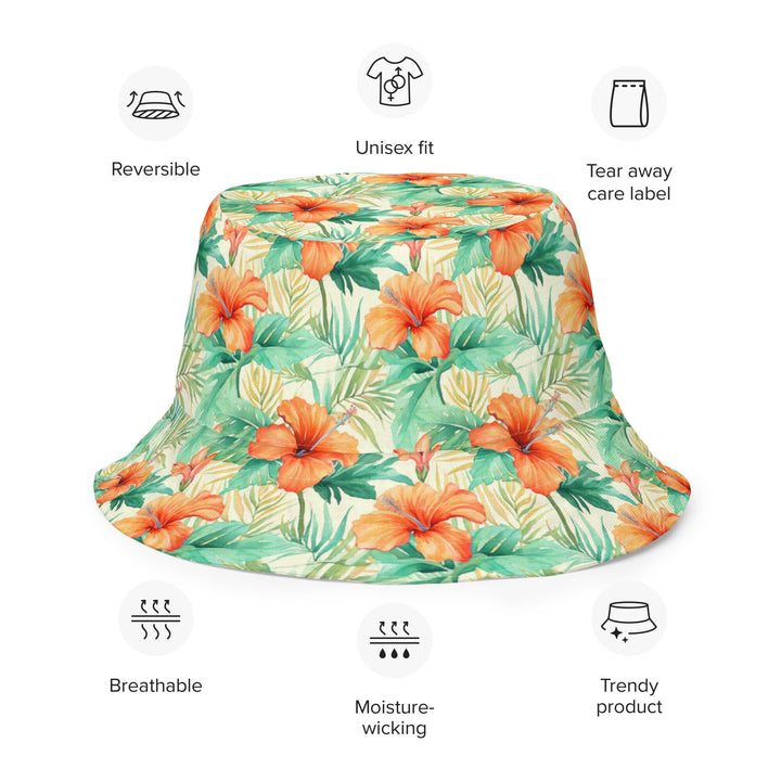 REVERSIBLE BUCKET HAT - Unisex Tropical Floral Hat with Sun Protection Mens Womens Orange Hibiscus Flowers Print Hat for Beach Pool Party