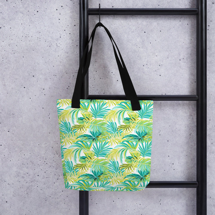 15X15 TOTE BAG - Tropical Leaves Tote with Handles Durable Fabric Green & Teal Palm Leaves High Quality for Work Beach Pool Vacation Trip