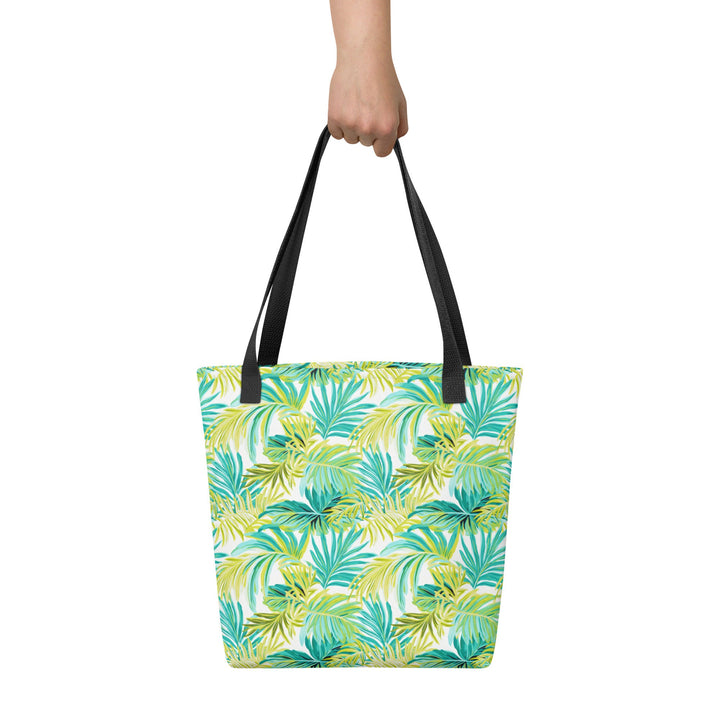 15X15 TOTE BAG - Tropical Leaves Tote with Handles Durable Fabric Green & Teal Palm Leaves High Quality for Work Beach Pool Vacation Trip