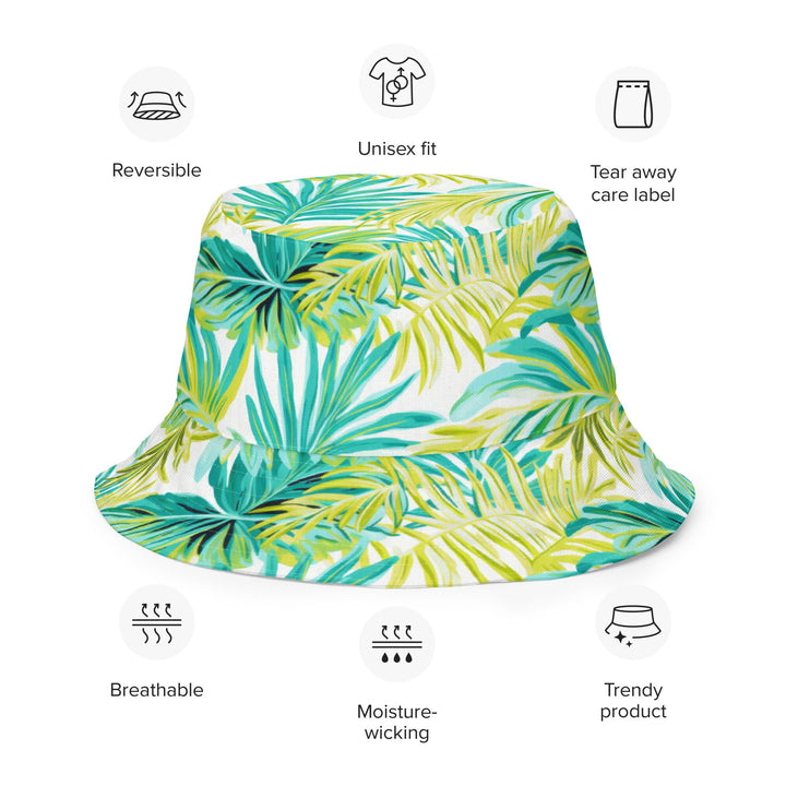 REVERSIBLE BUCKET HAT - Unisex Tropical Hat with Sun Protection Mens Womens Green Teal Palm Leaves Printed Pattern Hat Beach Pool Party